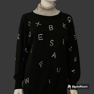VTG BONNIE BOERER Black Silver Metallic Alphabet Turtleneck Sweater